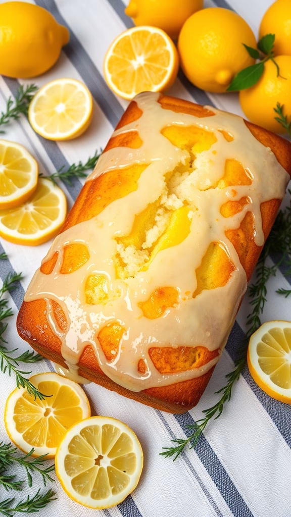 A freshly baked lemon drizzle cake with glaze and lemon slices