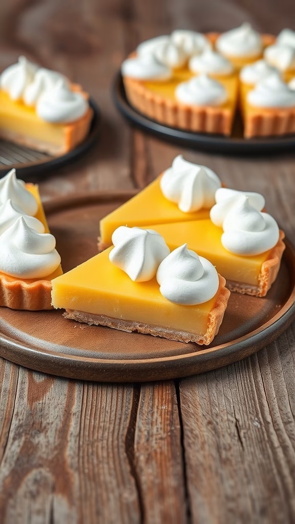 Lemon meringue tart slices on a wooden surface.