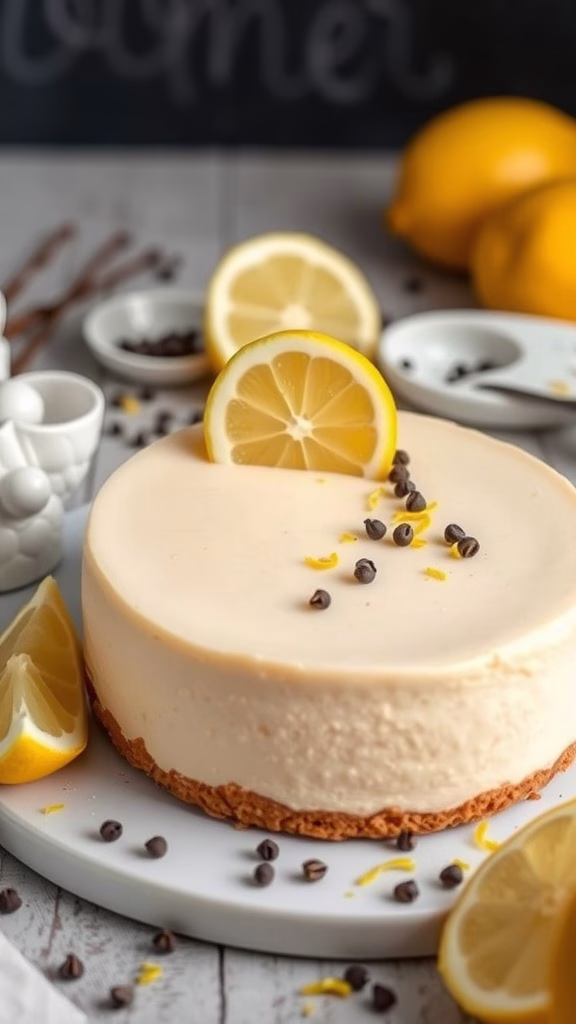 A beautifully presented Lemon Pepper Cheesecake with lemon slices and chocolate chips.
