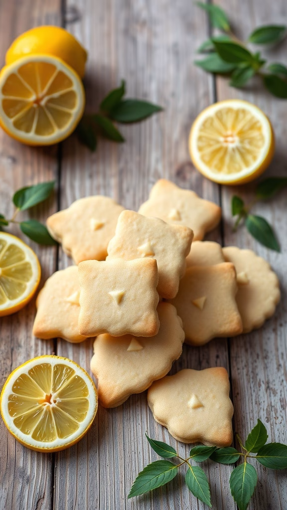 Delicious lemon verbena shortbread cookies arranged with fresh lemon slices.
