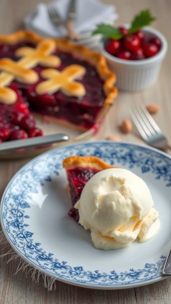 A slice of lingonberry pie with vanilla ice cream on a blue floral plate