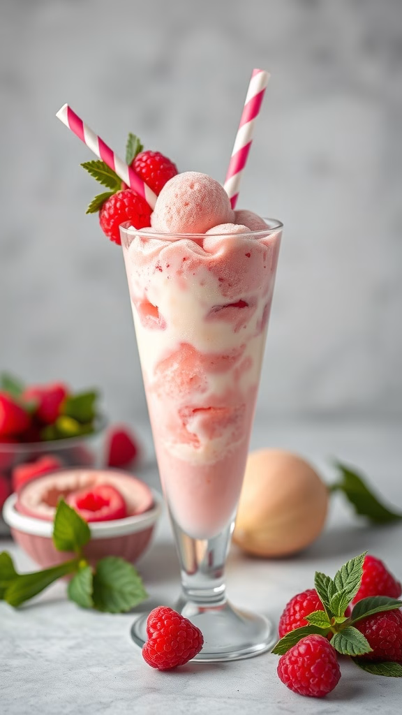 A refreshing Lychee and Raspberry Sorbet Float in a glass with straw and garnished with fresh raspberries and mint.