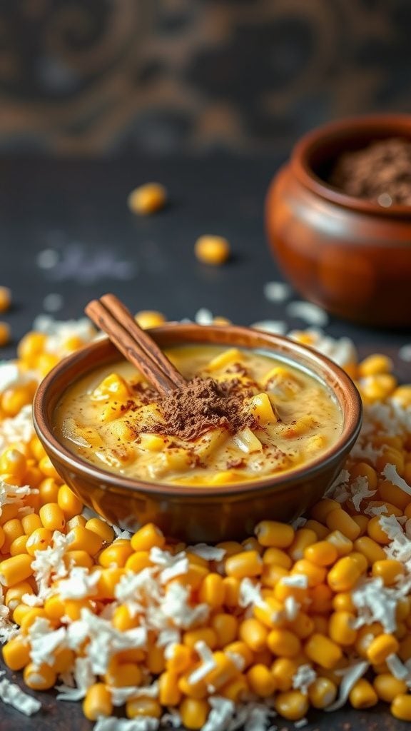 Delicious Venezuelan corn pudding served in a bowl with cinnamon on top.