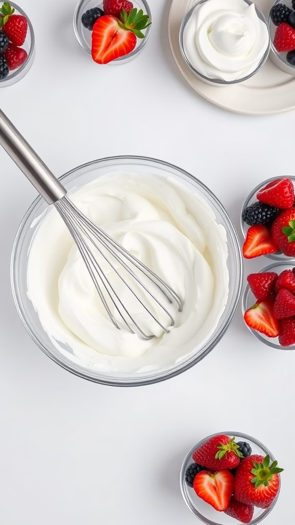 A bowl of whipped cream with a whisk beside it, surrounded by fresh strawberries and blackberries in small bowls.