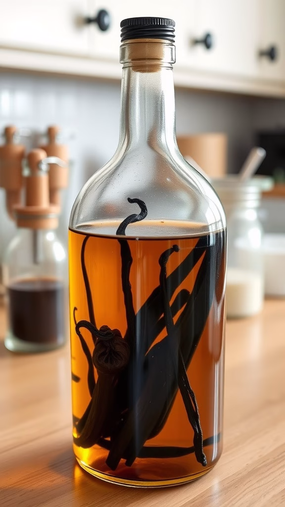 Bottle of homemade vanilla extract with vanilla beans inside.