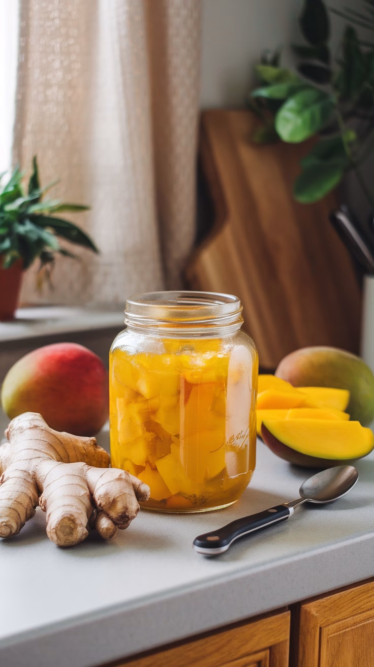 A jar of mango ginger jelly surrounded by fresh mangoes and ginger root.