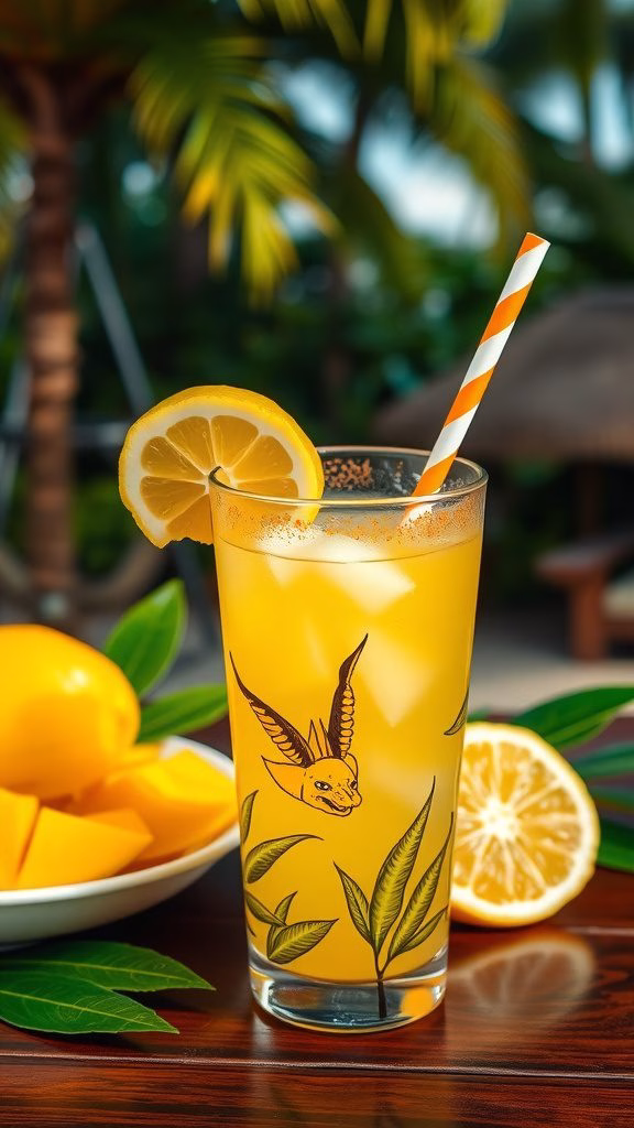 A refreshing glass of mango green tea lemonade with lemon slices and fresh mango on the side.