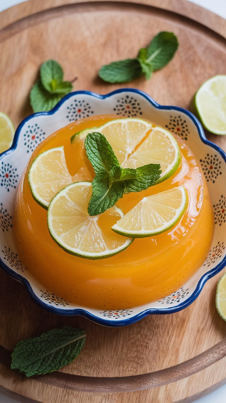 A vibrant bowl of mango lime mint jelly garnished with lime slices and mint leaves.