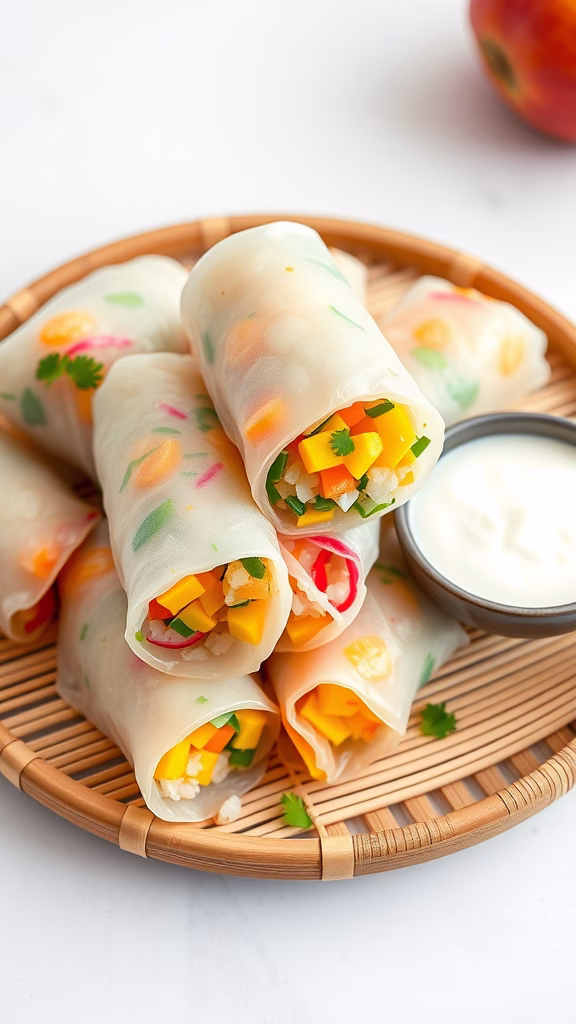 A plate of Mango Sticky Rice Spring Rolls served with a coconut dipping sauce