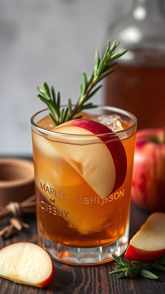 A refreshing Maple Apple Cider Bourbon Smash cocktail garnished with apple slices and rosemary.
