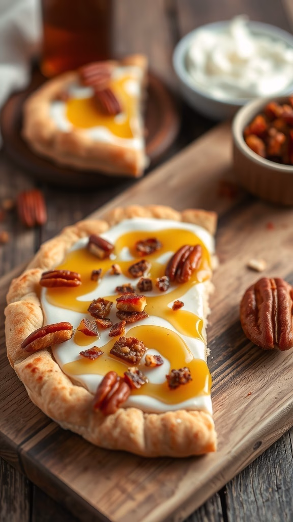 Dessert pizza with maple syrup, bacon, and pecans on a wooden board