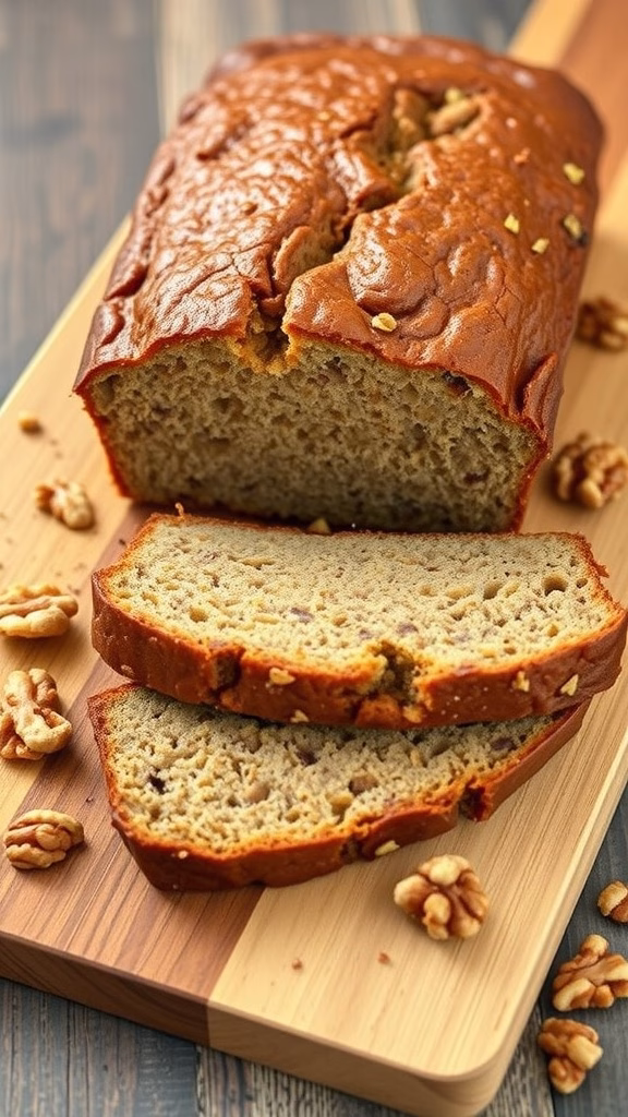 A loaf of freshly baked maple walnut banana bread sliced on a wooden cutting board.