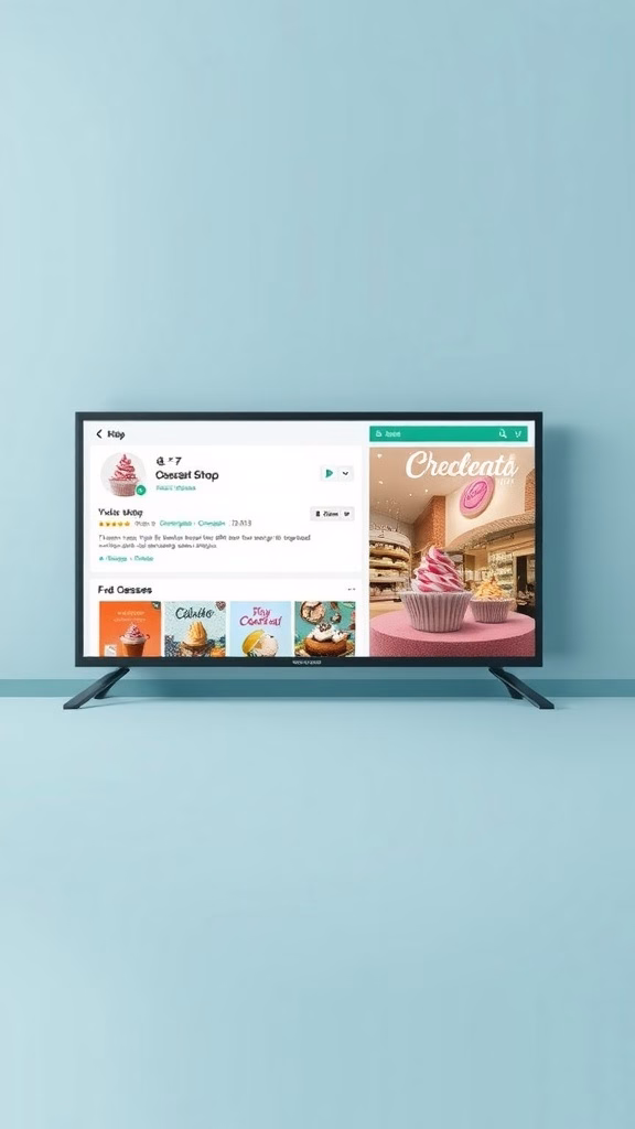 An image of a dessert shop listing on a screen showcasing colorful desserts and a welcoming atmosphere.