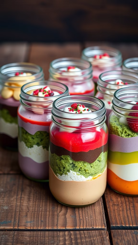 Colorful layered desserts in mason jars arranged on a wooden table.