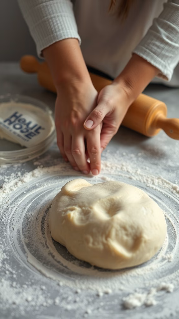 A person kneading dough on a floured surface with a rolling pin nearby.