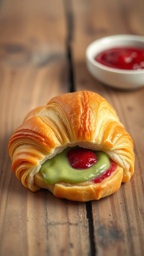 A matcha and red bean croissant on a wooden table, showcasing a fusion of flavors.