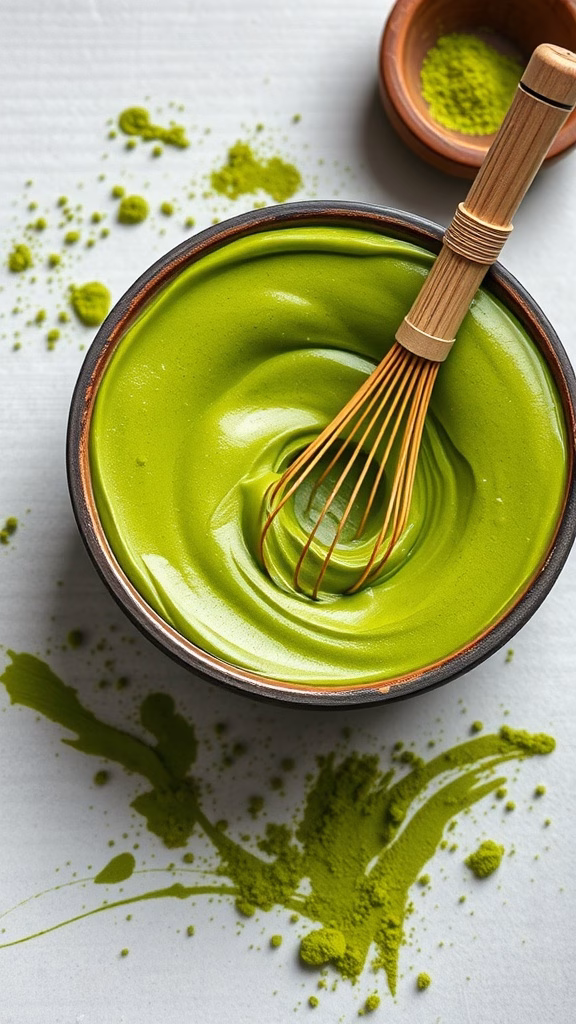 A bowl of matcha pudding with a whisk, showcasing its vibrant green color.