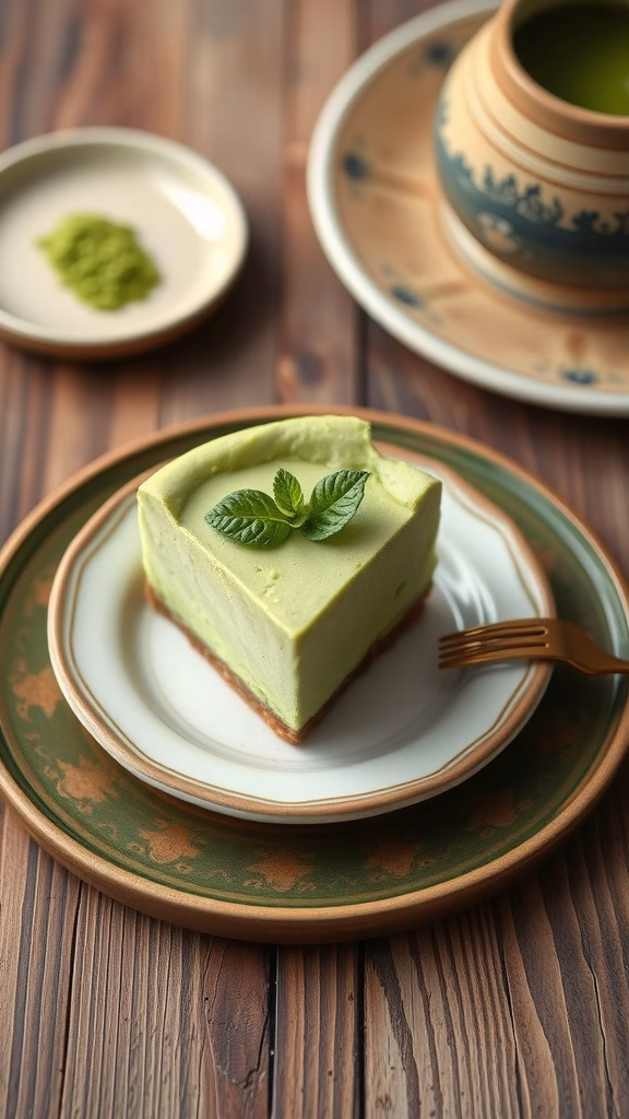 A slice of matcha green tea cheesecake on a plate, garnished with a mint leaf.