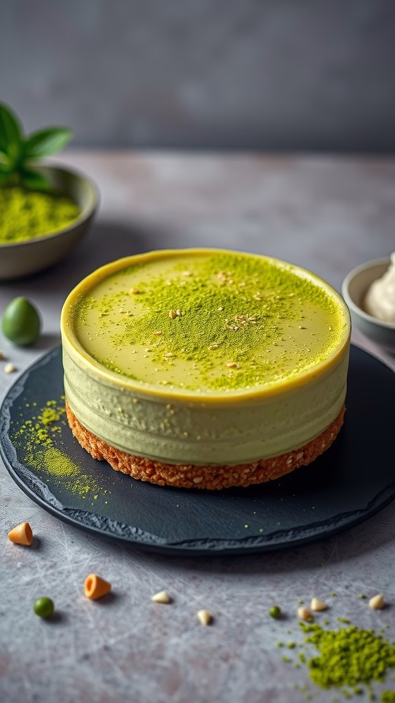 A vibrant Matcha Green Tea Cheesecake with a sesame crust, presented elegantly on a slate plate.