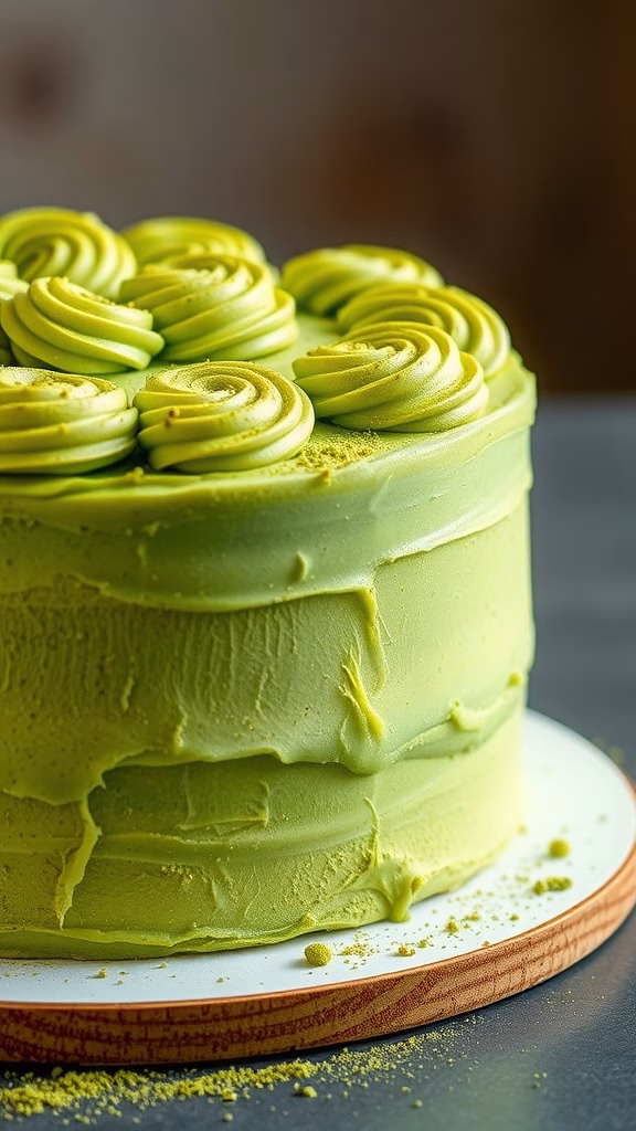 A beautifully layered matcha green tea cake decorated with green frosting swirls.