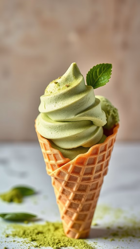 A cone of matcha green tea ice cream topped with a mint leaf.
