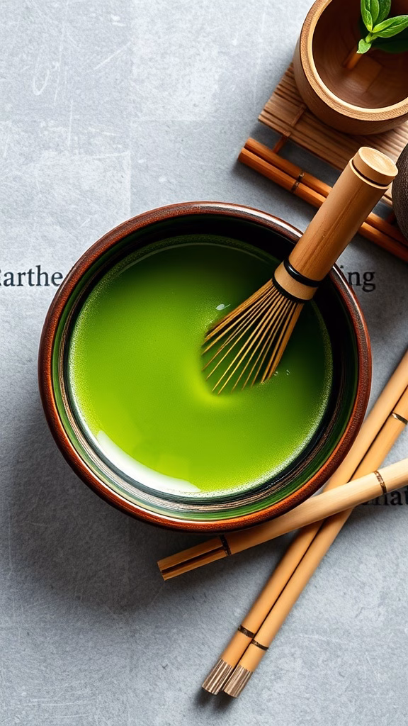 A bowl with whisked matcha green tea and bamboo utensils