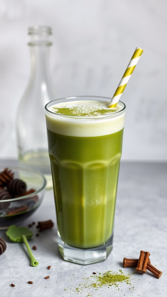 A refreshing green matcha shake with whipped cream and a straw