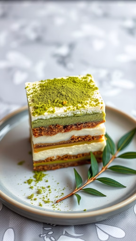 A stack of matcha green tea tiramisu layered with coffee-soaked ladyfingers and creamy matcha filling, topped with matcha powder.