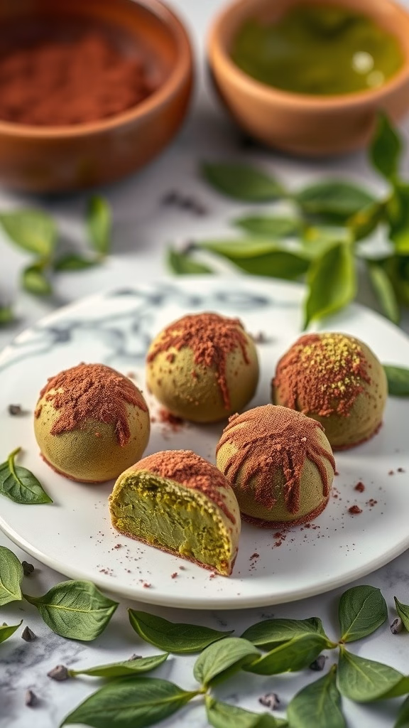 Matcha green tea truffles on a plate with a dusting of cacao powder and matcha