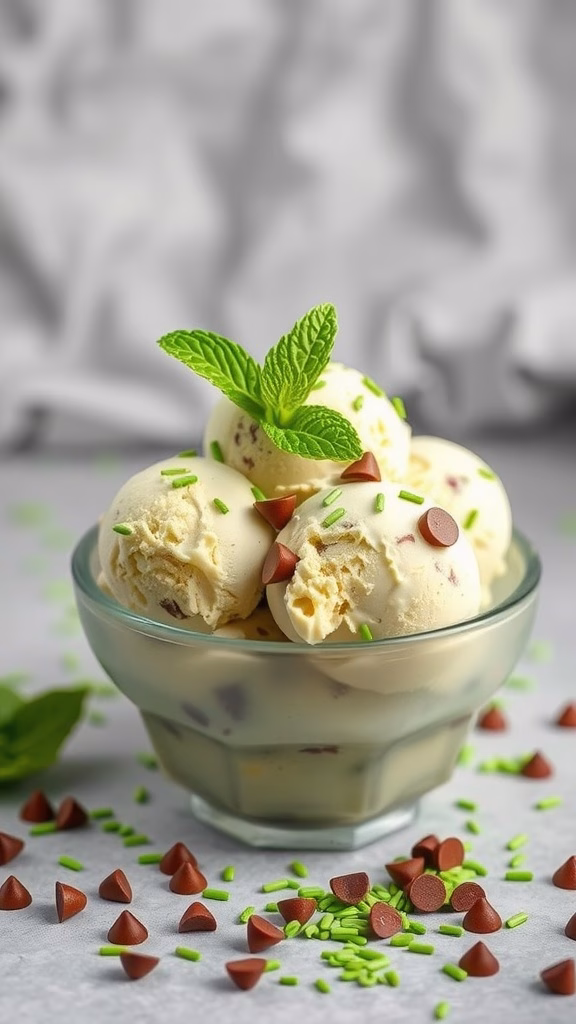 Bowl of matcha mint chocolate chip ice cream with chocolate chips and mint leaves