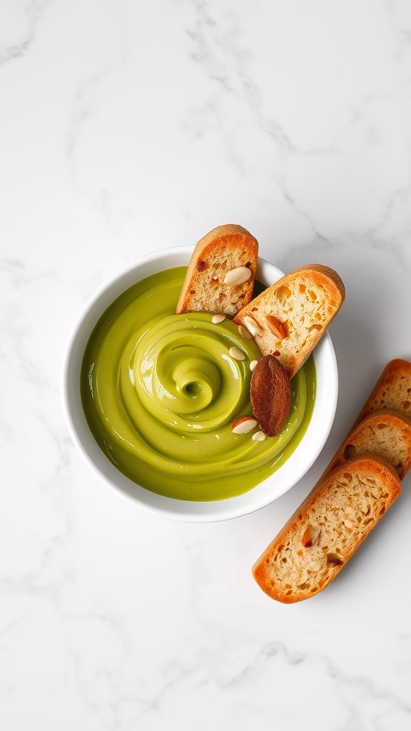 Creamy matcha pudding with almond biscotti