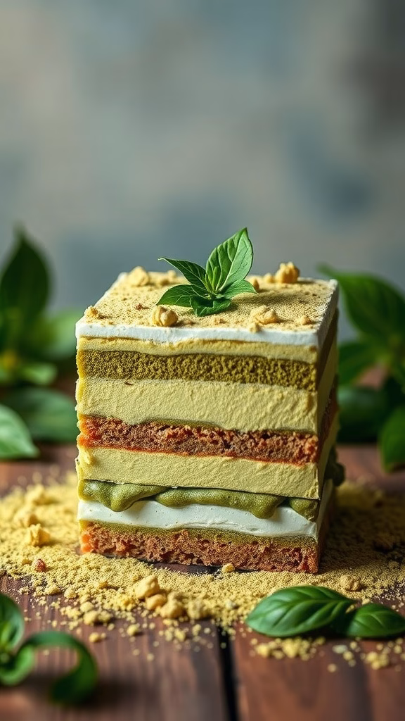A beautiful slice of matcha tiramisu layered with cream and matcha powder, garnished with a fresh mint leaf against a rustic wooden background.