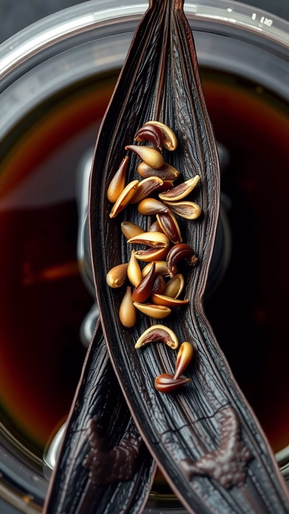 Vanilla bean pods with seeds placed on a dark surface, highlighting the rich flavor potential of vanilla beans.