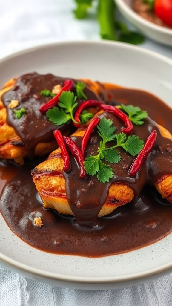 A serving of Mayan chocolate mole sauce drizzled over a dish, garnished with red chili and fresh herbs.