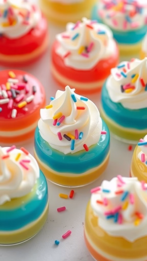 Colorful mini gelatin cakes with whipped topping and sprinkles