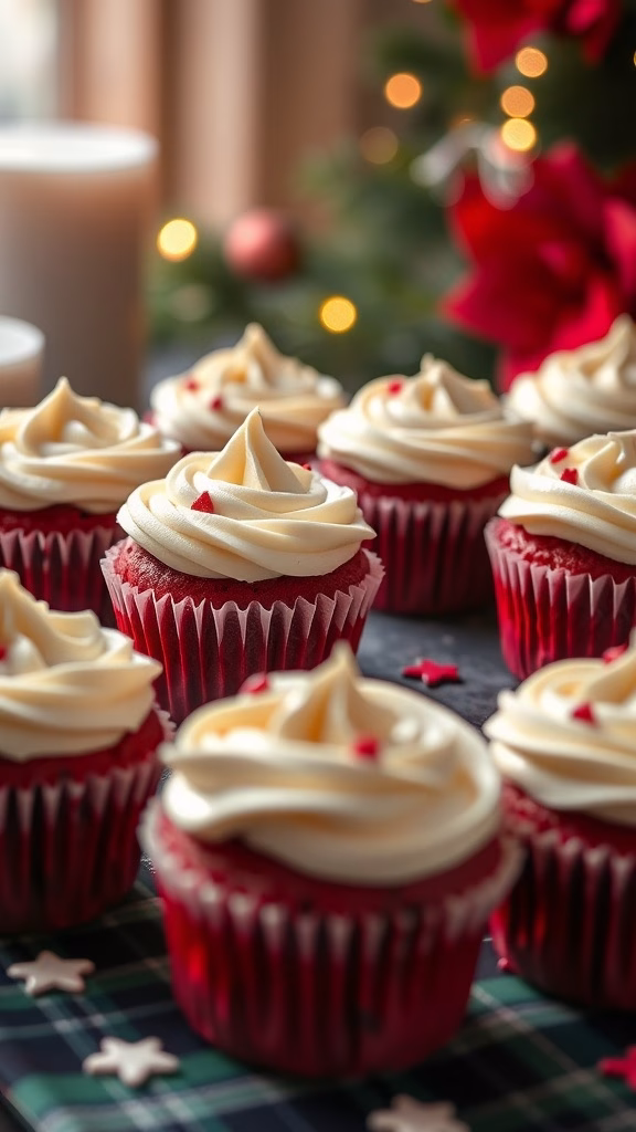 A close-up of mini red velvet cupcakes with cream cheese frosting and festive decorations.