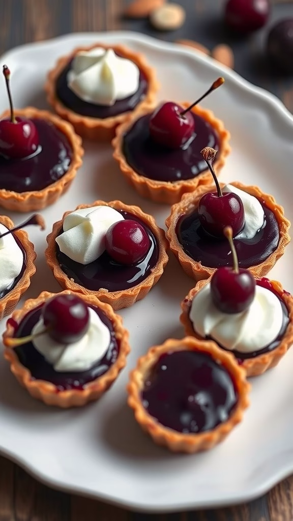 Mini ube tarts with almond crust topped with whipped cream and cherries