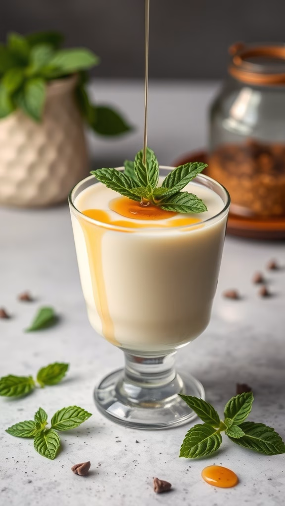 A glass of mint tea panna cotta topped with mint leaves and a drizzle of syrup.