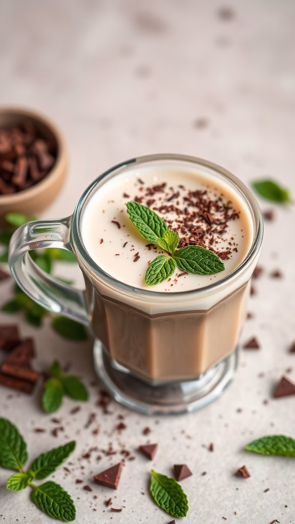 A mug of Minty Cardamom Hot Chocolate topped with whipped cream and mint leaves.