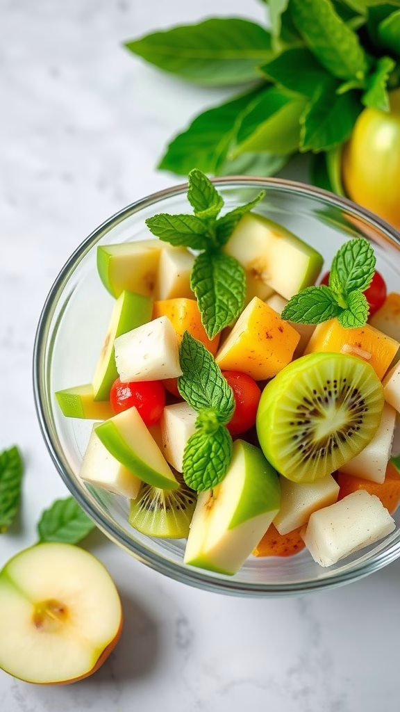 A refreshing minty green fruit salad with assorted green fruits and mint leaves.