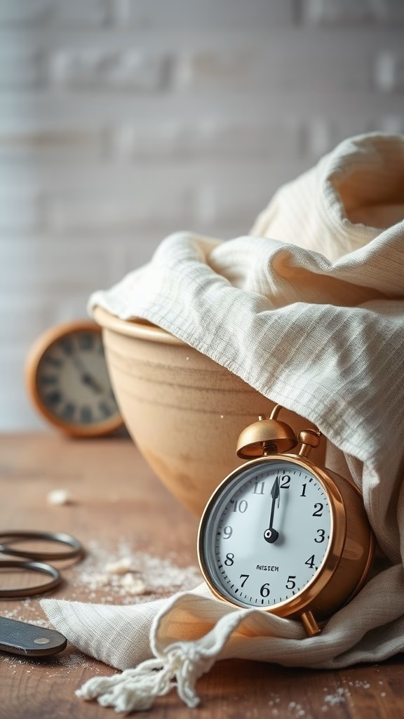 A close-up of a stopwatch next to a wooden bowl with a cloth, symbolizing the importance of resting time in dough preparation.