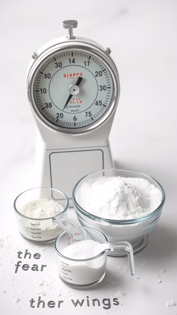 A kitchen scale and measuring cups filled with flour and sugar on a countertop.