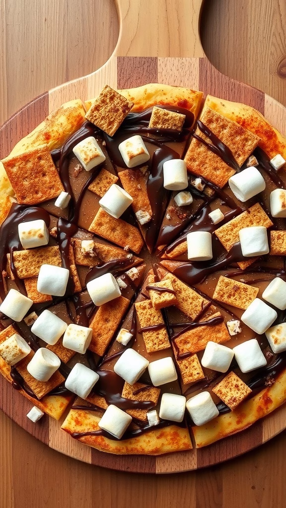 Nutella S'mores Dessert Pizza topped with graham crackers and marshmallows