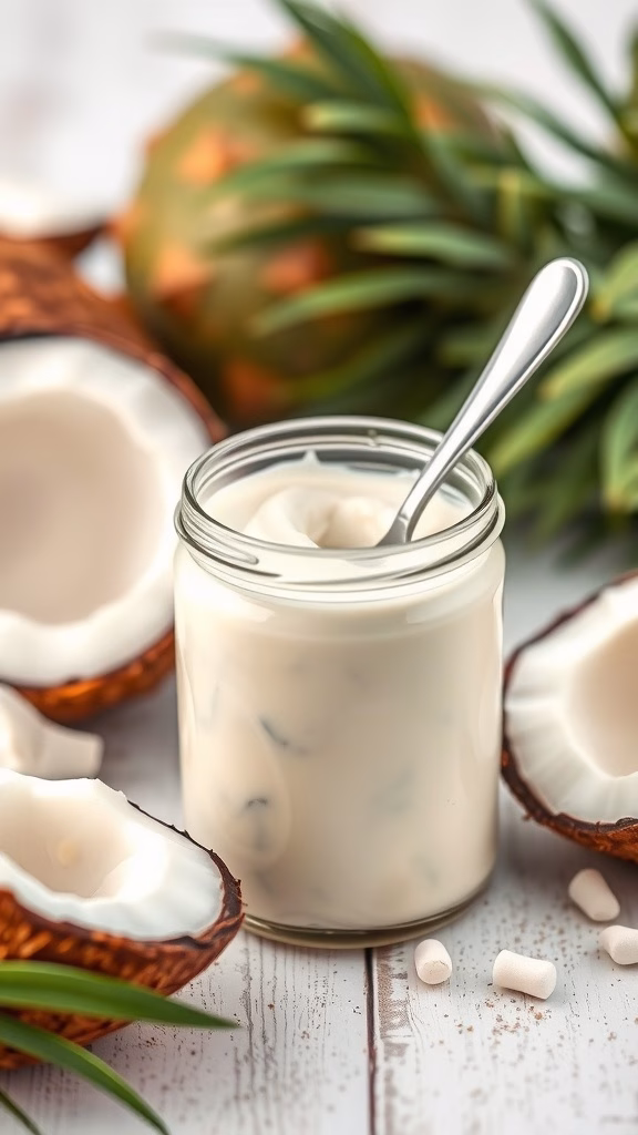 A jar of coconut yogurt surrounded by coconut halves and tropical foliage.