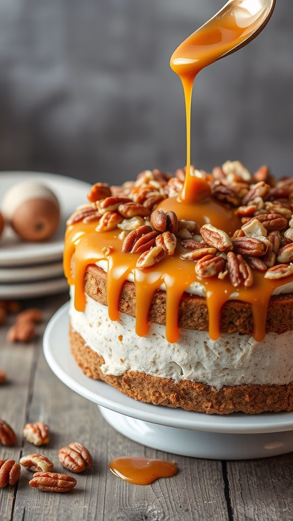 A delicious cake with caramel drizzle and pecans on top.