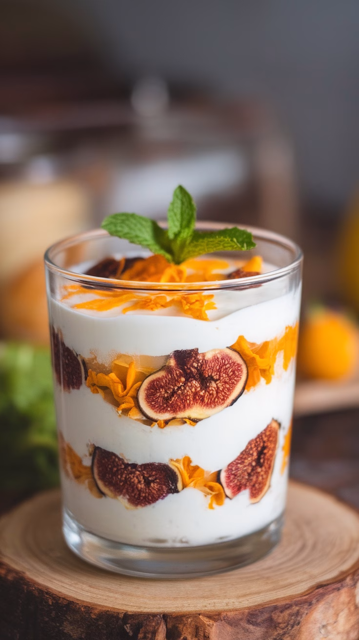 A glass of layered orange blossom fig parfait with dried figs and whipped cream