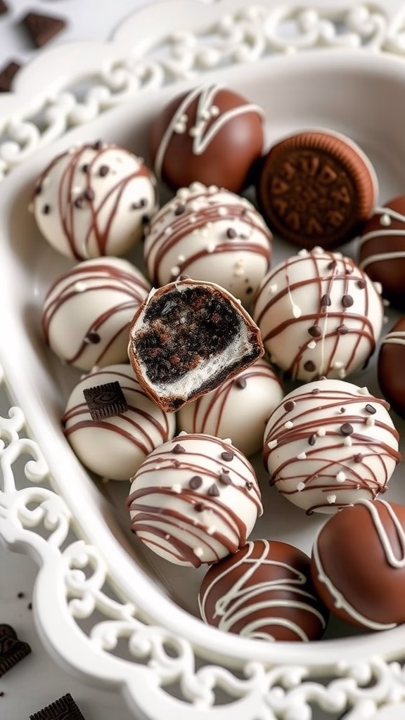 A platter of Oreo truffle balls decorated with drizzles and sprinkles.