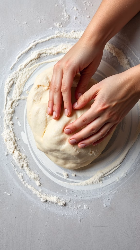 Hands kneading soft dough on a floured surface