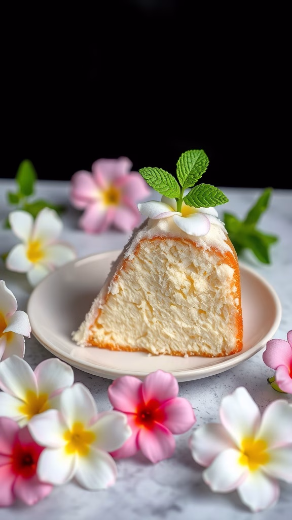 Slice of pandan coconut chiffon cake with decorative flowers