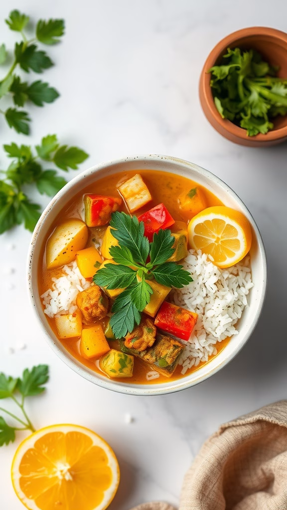 A bowl of pandan coconut curry with rice and vegetables topped with fresh herbs.